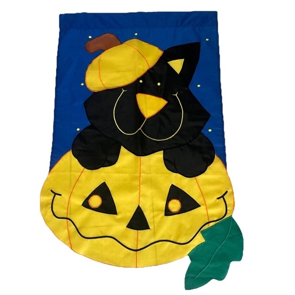 Source Unknown Other - Vintage Halloween Black Cat Flag Garden Cute Inside pumpkin 28x42” Die Cut